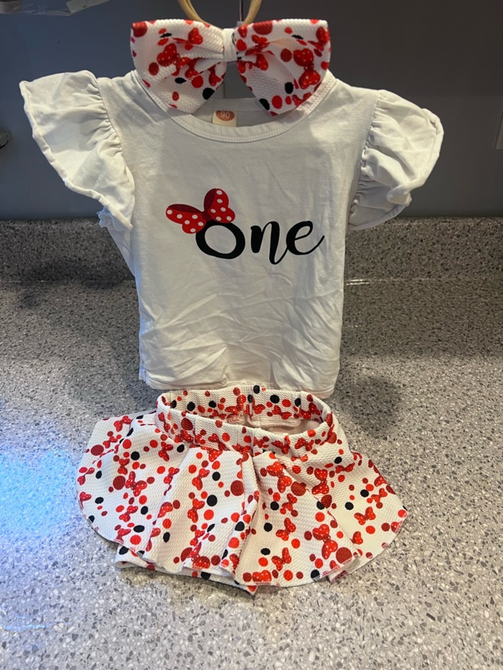 Minnie Mouse "One" Birthday Outfit with Red Polka Bow & Skirt & Hairpiece